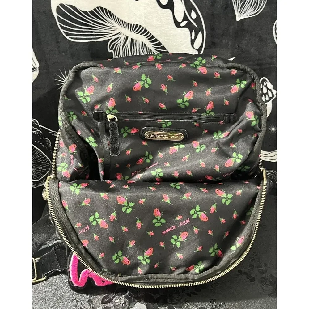 Betsey Johnson Embellished Punk Graffiti Backpack Black Rose Cherry Lips Studded